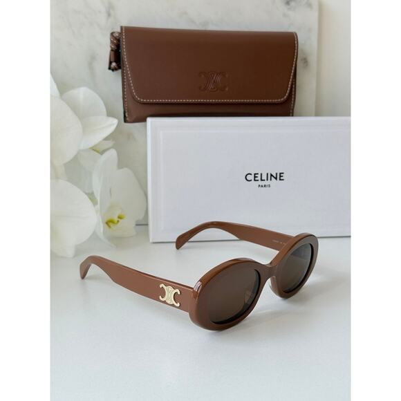 NEW Celine CL40194U Triomphe Brown Oval Sunglasses - Picture 6 of 10